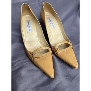Jimmy Choo Tan Leather Kitten Heel Pumps 40 Vintage Italy Cutout